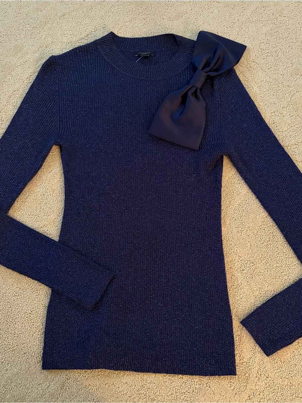 NWT Ann Taylor Factory Women's M Blue Metallic Sweater Bow Snap Detail Pullover